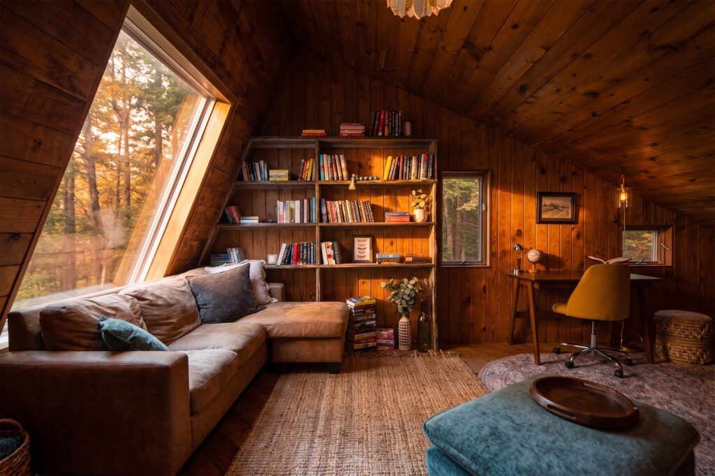 Warm A-frame lounge with sloped windows and a wall of books