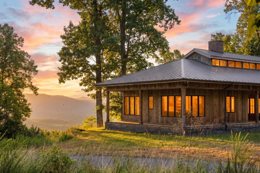 Timber-clad home with glowing windows overlooking mountains at sunset