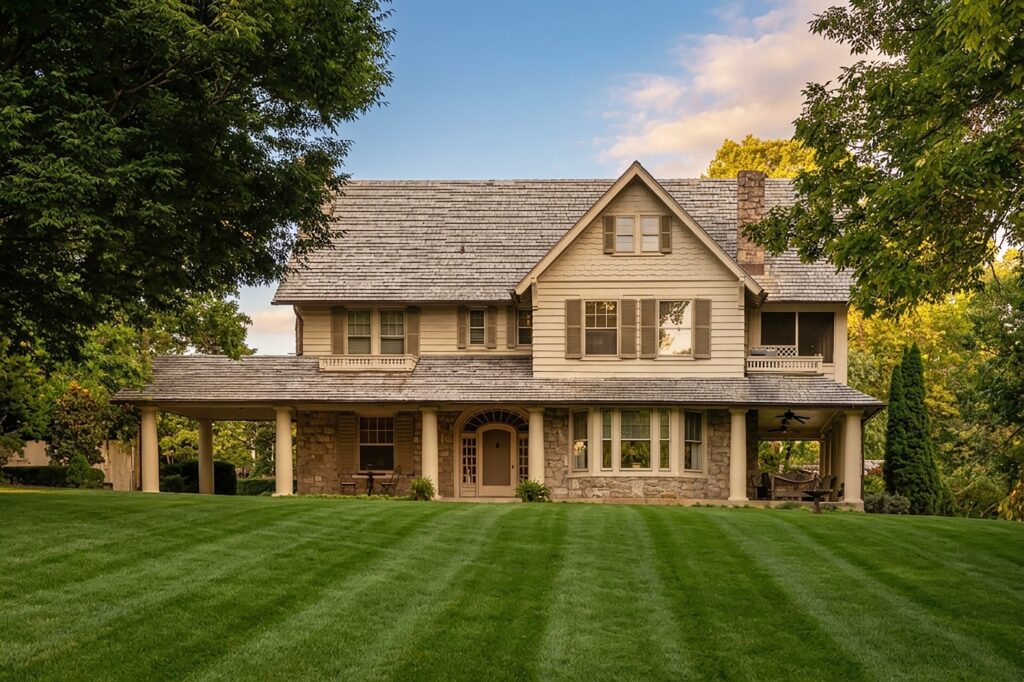 Stone and shingle home framed by mature trees and lawn